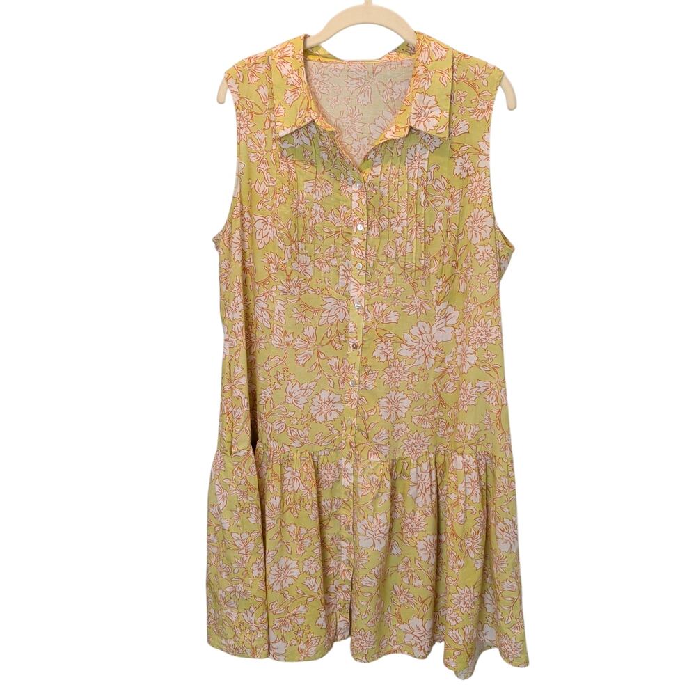Maye Sz L Corinne Mini Button Up Shirt Dress Havana Yellow Cotton Sleeveless